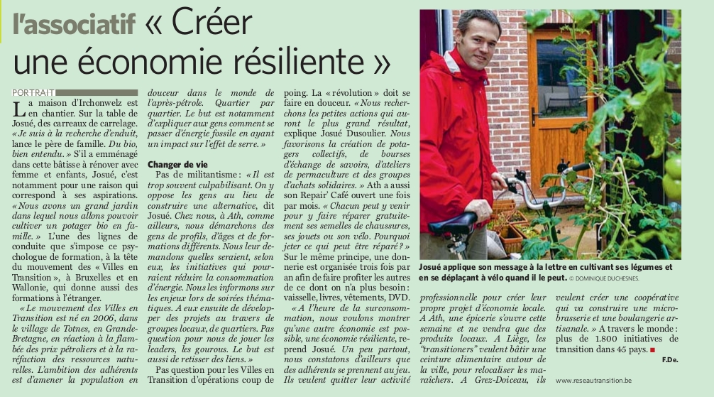 « Créer une économie résiliente », un article dans Le Soir du 12/11/2013